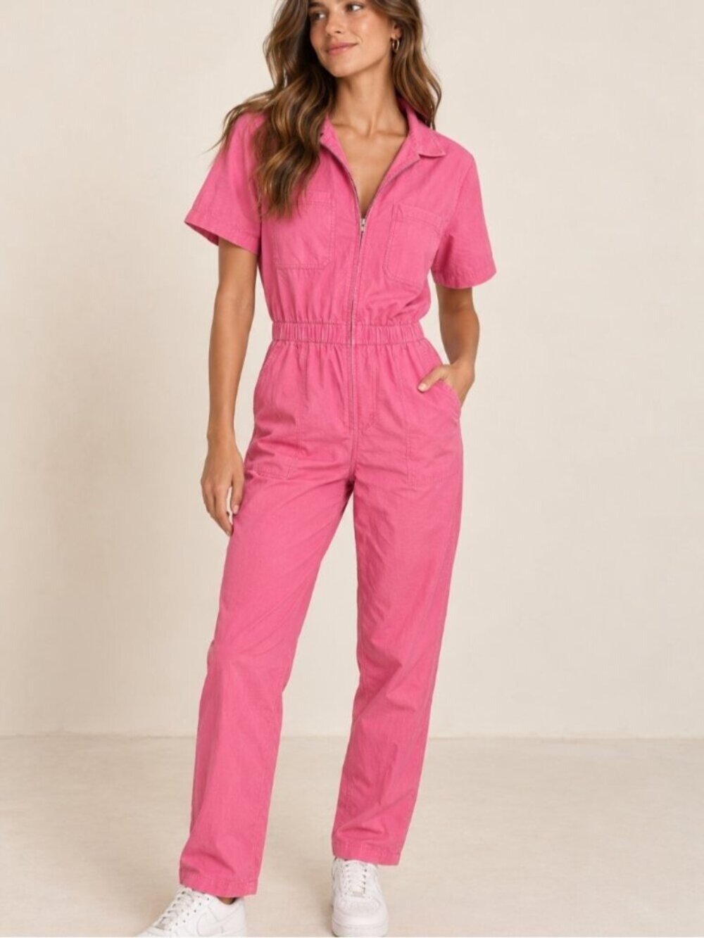 Smash + Tess Pink Utility Jumpsuit Size S Short Sleeve Zip Front Romper 0755